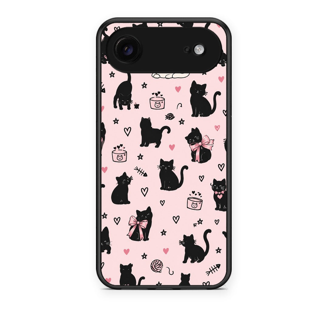Θήκη iPhone 17 Air Black Cat Doodles on Pink από τη Smartfits με σχέδιο στο πίσω μέρος και μαύρο περίβλημα | iPhone 17 Air Black Cat Doodles on Pink case with colorful back and black bezels