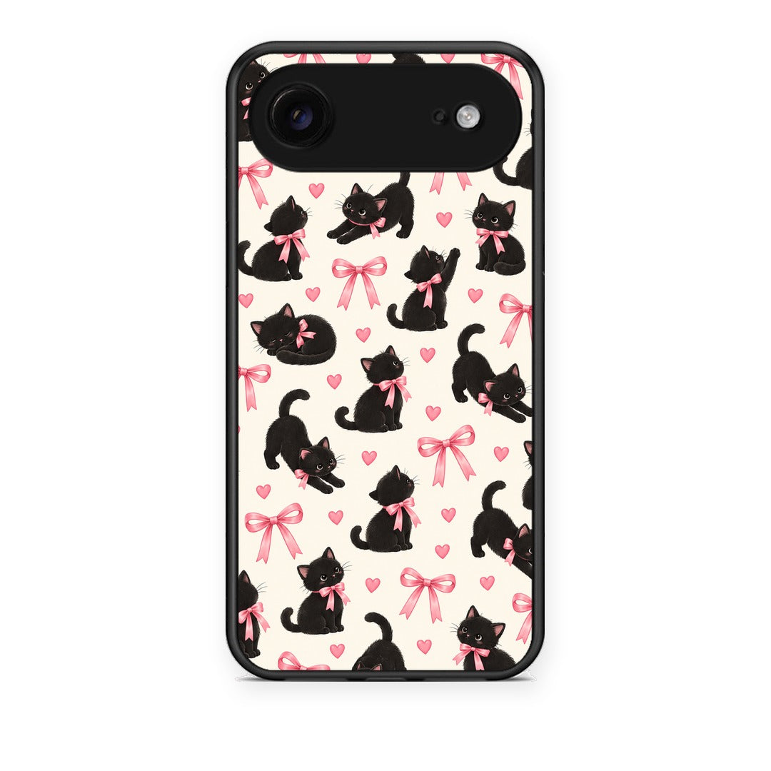 Θήκη iPhone 17 Air Black Kittens and Pink Bows on Cream Small από τη Smartfits με σχέδιο στο πίσω μέρος και μαύρο περίβλημα | iPhone 17 Air Black Kittens and Pink Bows on Cream Small case with colorful back and black bezels