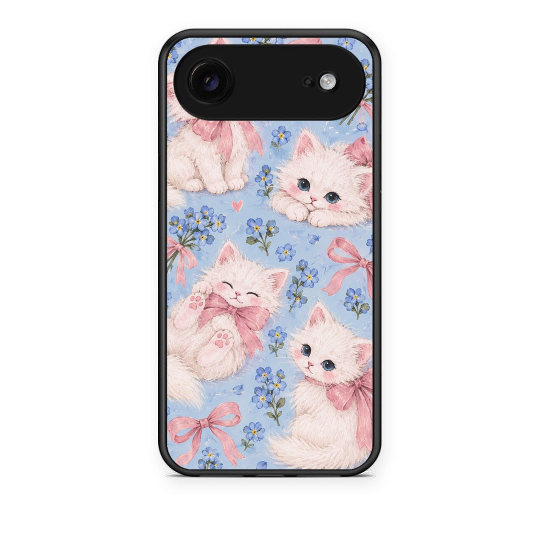Θήκη iPhone 17 Air White Kittens and Blue Flowers Large από τη Smartfits με σχέδιο στο πίσω μέρος και μαύρο περίβλημα | iPhone 17 Air White Kittens and Blue Flowers Large case with colorful back and black bezels