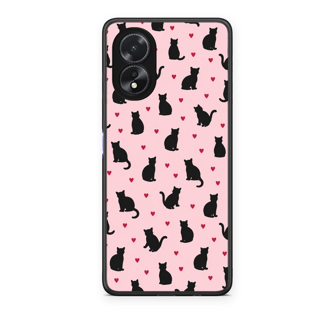 Θήκη Oppo A18 Black Cat Silhouettes and Hearts on Pink από τη Smartfits με σχέδιο στο πίσω μέρος και μαύρο περίβλημα | Oppo A18 Black Cat Silhouettes and Hearts on Pink case with colorful back and black bezels