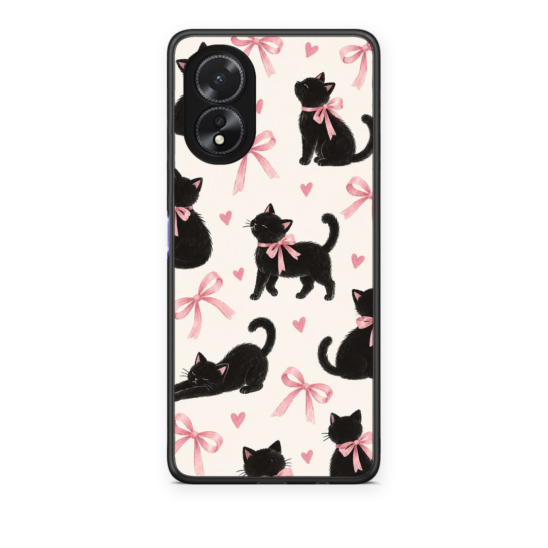 Θήκη Oppo A18 Black Kittens and Pink Bows on Cream Large από τη Smartfits με σχέδιο στο πίσω μέρος και μαύρο περίβλημα | Oppo A18 Black Kittens and Pink Bows on Cream Large case with colorful back and black bezels