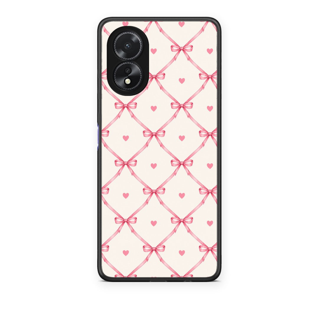 Θήκη Oppo A18 Pink Bow Lattice and Hearts on Cream από τη Smartfits με σχέδιο στο πίσω μέρος και μαύρο περίβλημα | Oppo A18 Pink Bow Lattice and Hearts on Cream case with colorful back and black bezels