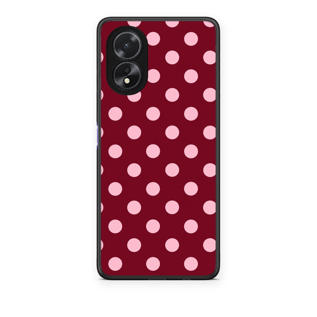 Θήκη Oppo A18 Pink Polka Dots on Burgundy από τη Smartfits με σχέδιο στο πίσω μέρος και μαύρο περίβλημα | Oppo A18 Pink Polka Dots on Burgundy case with colorful back and black bezels