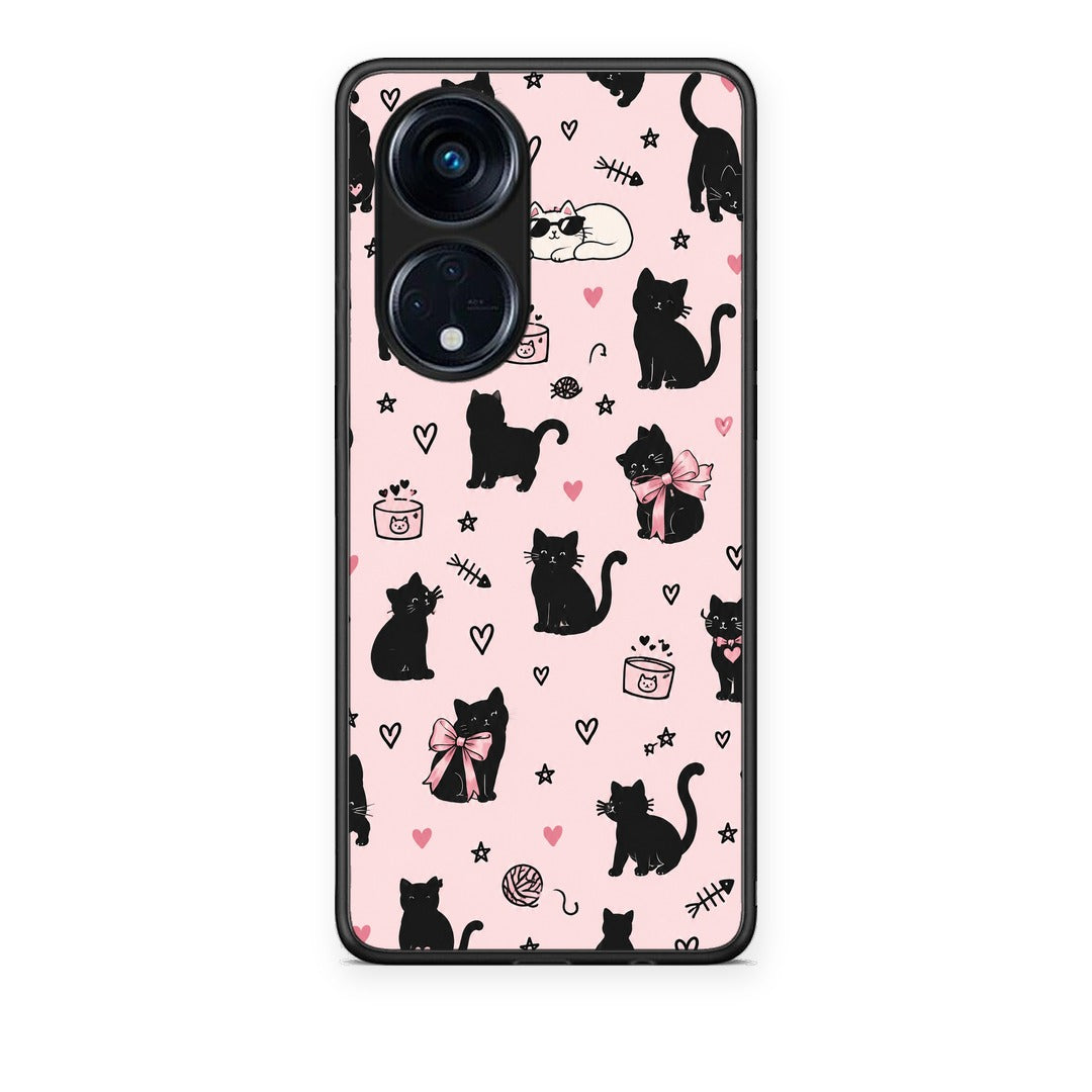 Θήκη Oppo A98 Black Cat Doodles on Pink από τη Smartfits με σχέδιο στο πίσω μέρος και μαύρο περίβλημα | Oppo A98 Black Cat Doodles on Pink case with colorful back and black bezels