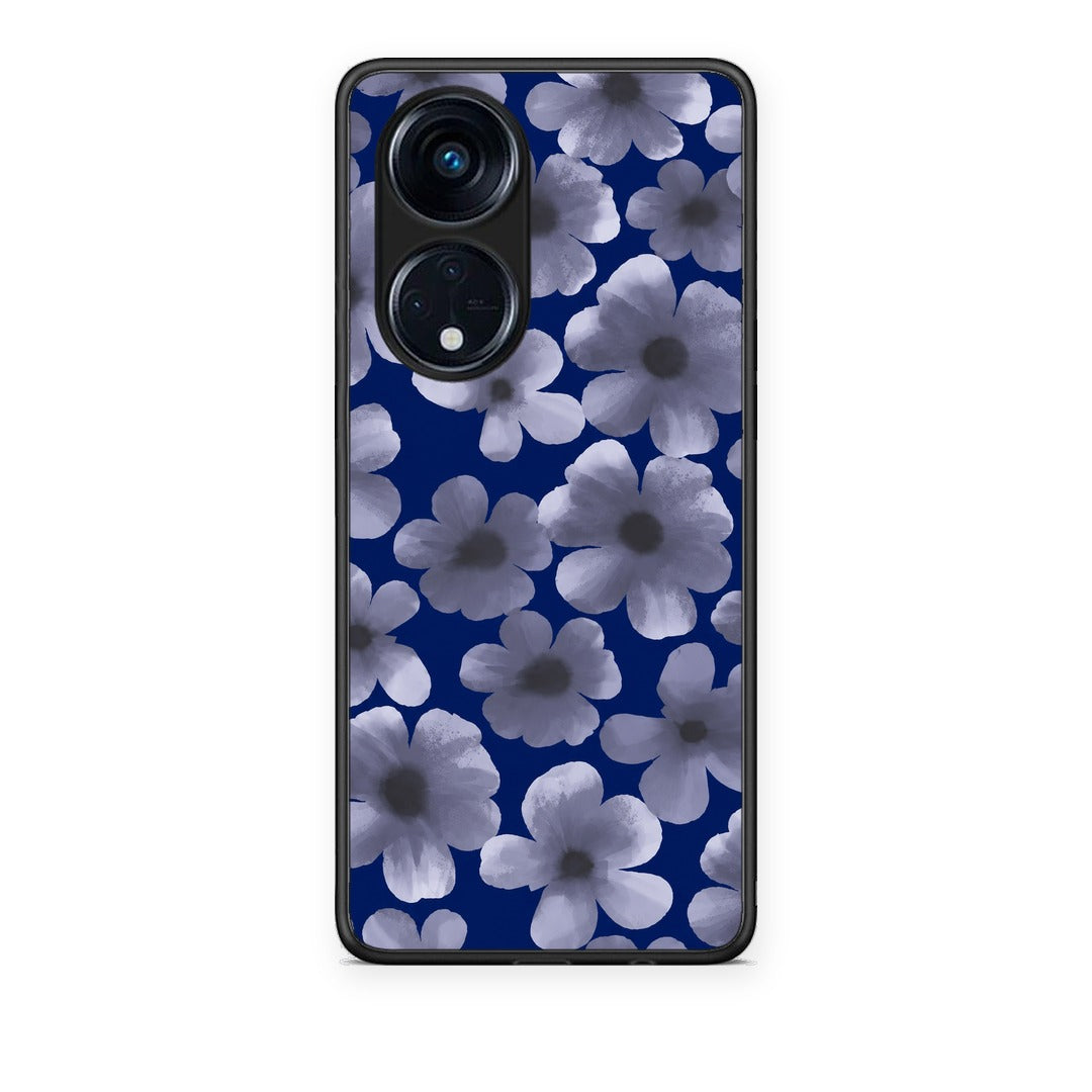 Θήκη Oppo A98 Pale Blue Flowers on Navy από τη Smartfits με σχέδιο στο πίσω μέρος και μαύρο περίβλημα | Oppo A98 Pale Blue Flowers on Navy case with colorful back and black bezels