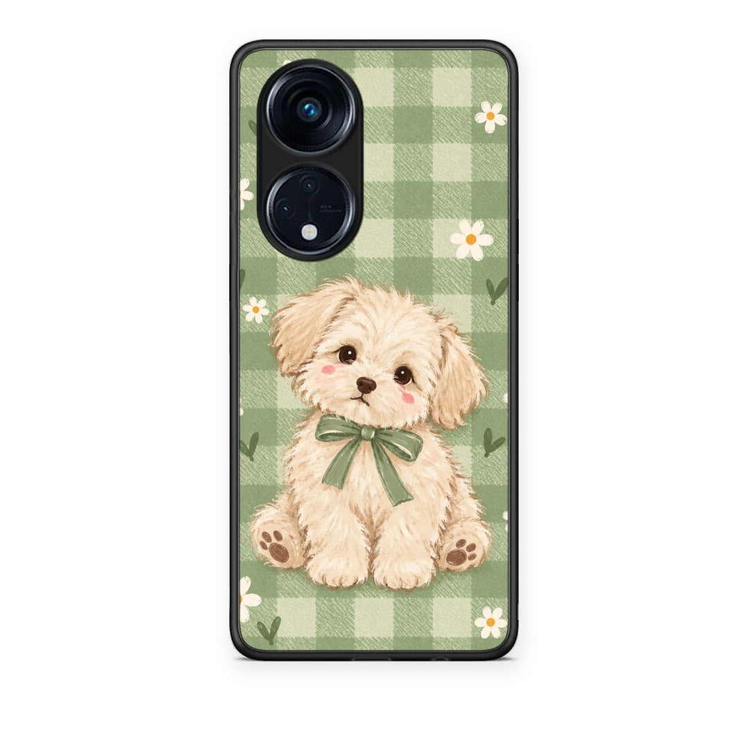 Θήκη Oppo A98 Puppy and Daisies on Sage Gingham από τη Smartfits με σχέδιο στο πίσω μέρος και μαύρο περίβλημα | Oppo A98 Puppy and Daisies on Sage Gingham case with colorful back and black bezels