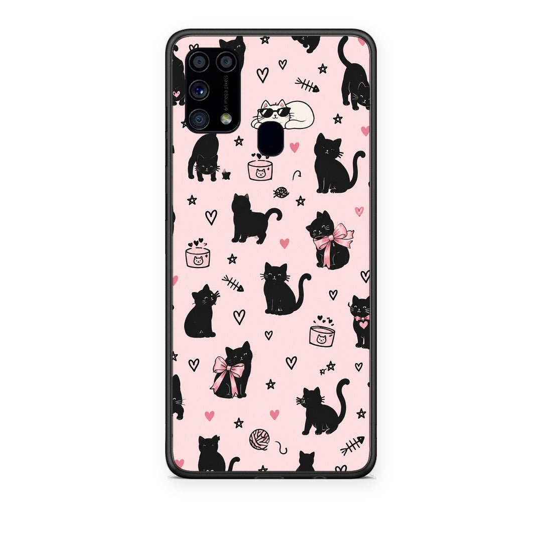 Θήκη Samsung Galaxy M31 Black Cat Doodles on Pink από τη Smartfits με σχέδιο στο πίσω μέρος και μαύρο περίβλημα | Samsung Galaxy M31 Black Cat Doodles on Pink case with colorful back and black bezels