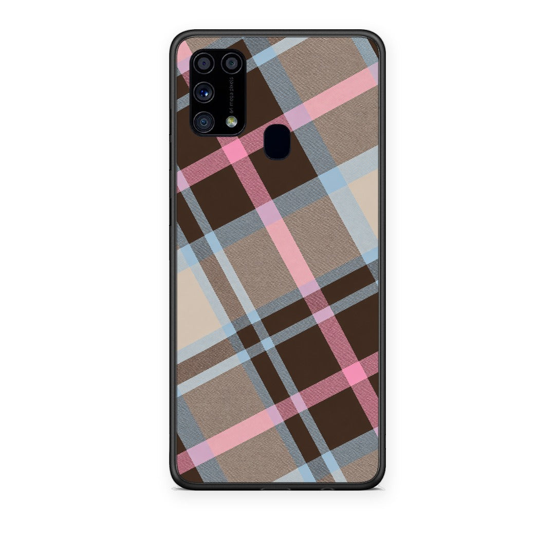 Θήκη Samsung Galaxy M31 Brown Pink and Blue Diagonal Plaid από τη Smartfits με σχέδιο στο πίσω μέρος και μαύρο περίβλημα | Samsung Galaxy M31 Brown Pink and Blue Diagonal Plaid case with colorful back and black bezels