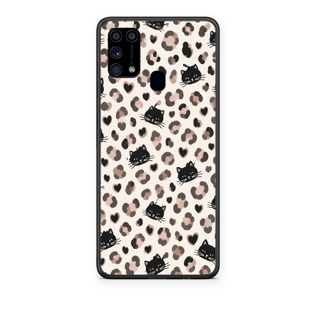 Θήκη Samsung Galaxy M31 Leopard Spots and Black Cats on Cream από τη Smartfits με σχέδιο στο πίσω μέρος και μαύρο περίβλημα | Samsung Galaxy M31 Leopard Spots and Black Cats on Cream case with colorful back and black bezels