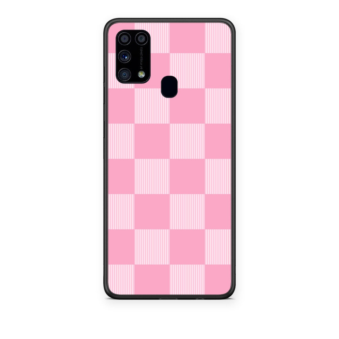 Θήκη Samsung Galaxy M31 Pink and White Striped Checks από τη Smartfits με σχέδιο στο πίσω μέρος και μαύρο περίβλημα | Samsung Galaxy M31 Pink and White Striped Checks case with colorful back and black bezels
