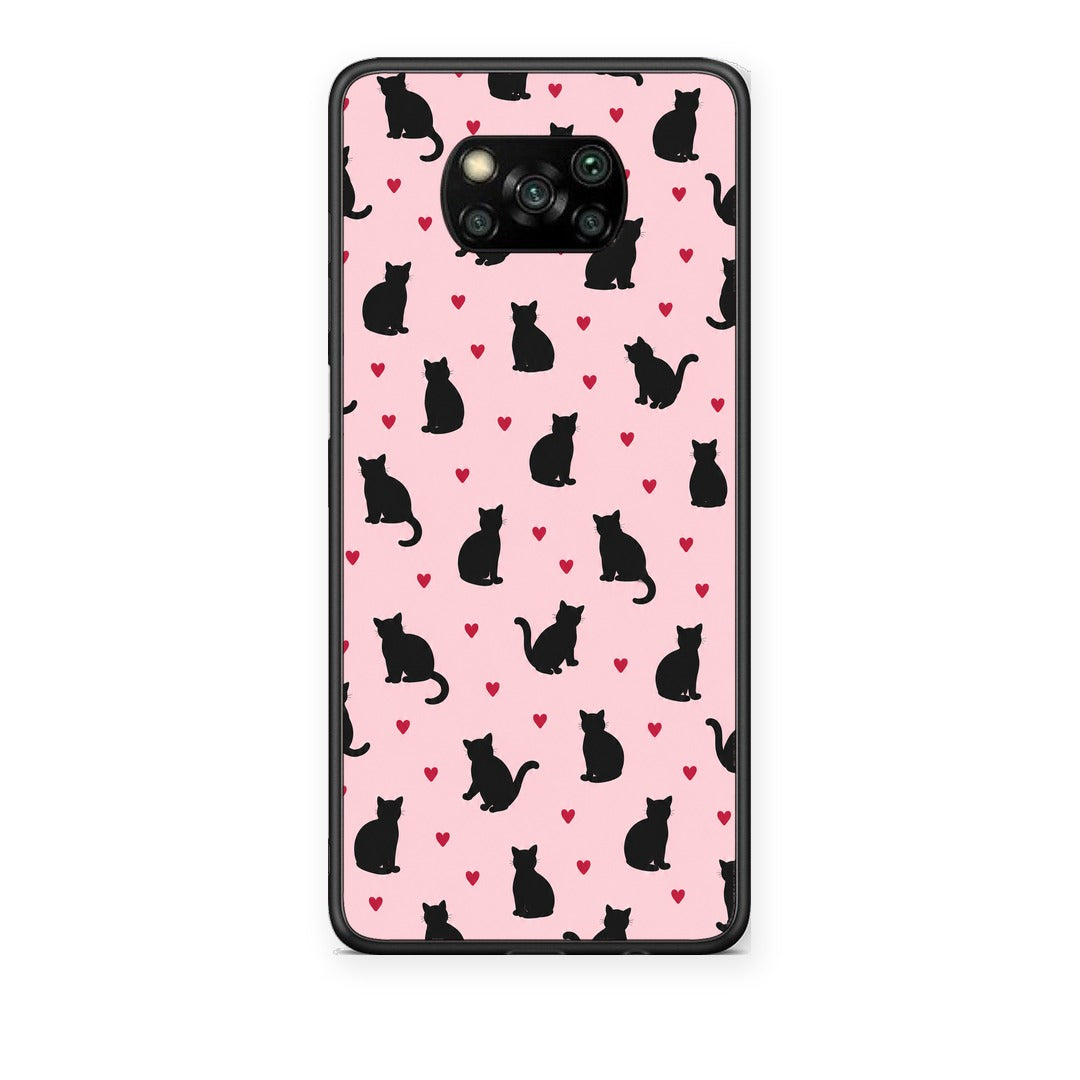 Θήκη Xiaomi Poco X3 / X3 Pro / X3 NFC Black Cat Silhouettes and Hearts on Pink από τη Smartfits με σχέδιο στο πίσω μέρος και μαύρο περίβλημα | Xiaomi Poco X3 / X3 Pro / X3 NFC Black Cat Silhouettes and Hearts on Pink case with colorful back and black bezels