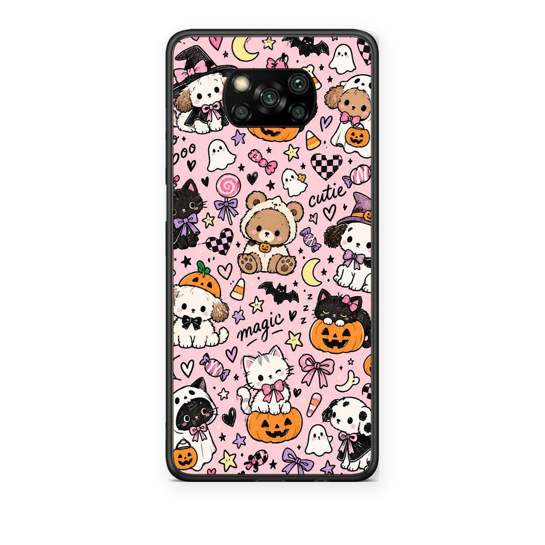Θήκη Xiaomi Poco X3 / X3 Pro / X3 NFC Halloween Cute Animals on Pink από τη Smartfits με σχέδιο στο πίσω μέρος και μαύρο περίβλημα | Xiaomi Poco X3 / X3 Pro / X3 NFC Halloween Cute Animals on Pink case with colorful back and black bezels
