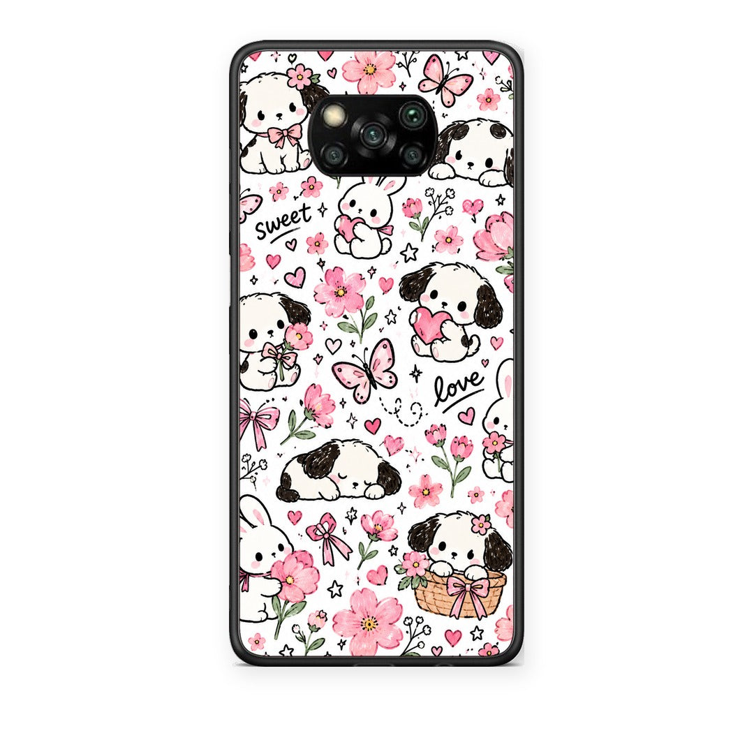 Θήκη Xiaomi Poco X3 / X3 Pro / X3 NFC Pink Florals Puppies and Bunnies on White από τη Smartfits με σχέδιο στο πίσω μέρος και μαύρο περίβλημα | Xiaomi Poco X3 / X3 Pro / X3 NFC Pink Florals Puppies and Bunnies on White case with colorful back and black bezels