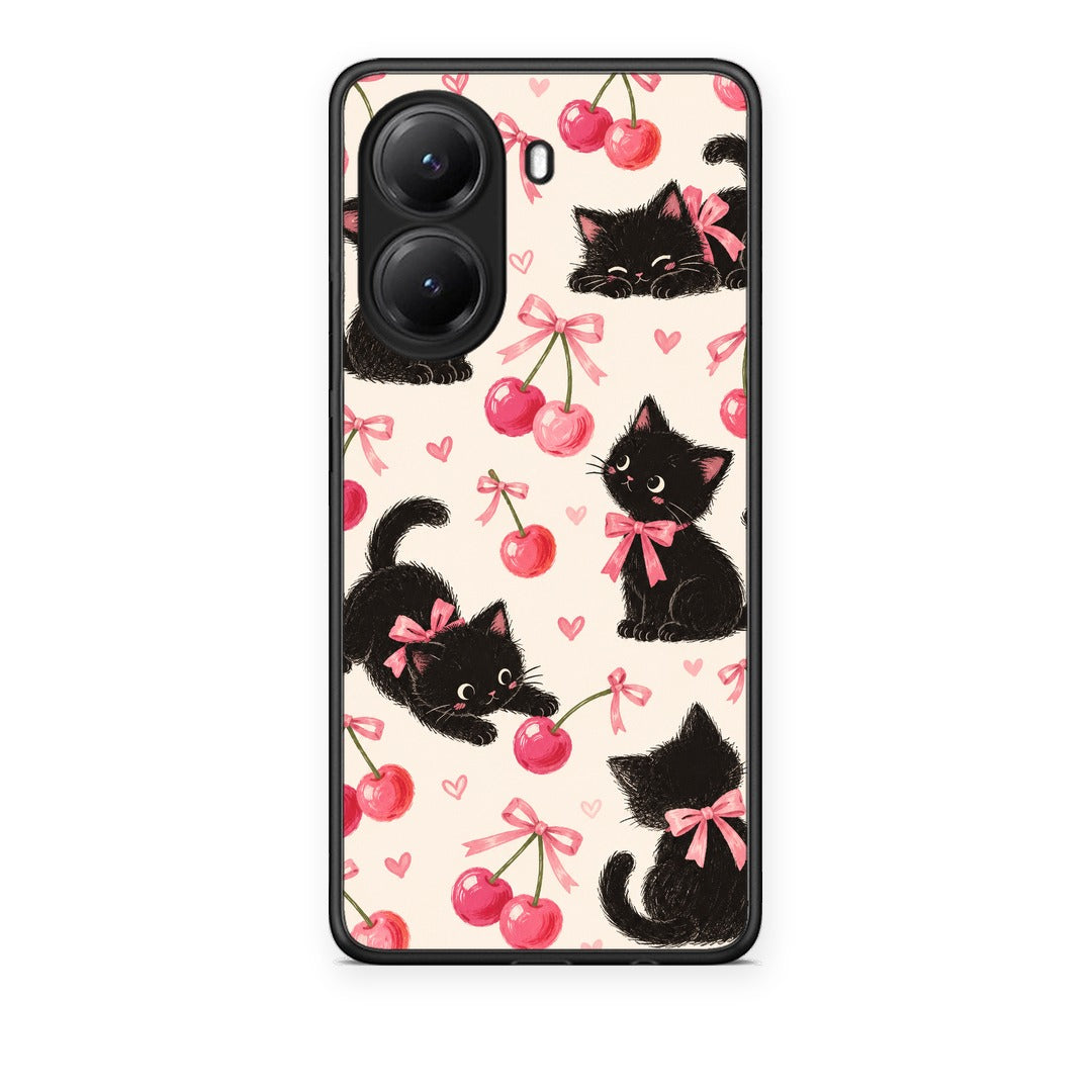 Θήκη Xiaomi Poco X7 Pro Black Kittens and Cherries on Cream από τη Smartfits με σχέδιο στο πίσω μέρος και μαύρο περίβλημα | Xiaomi Poco X7 Pro Black Kittens and Cherries on Cream case with colorful back and black bezels