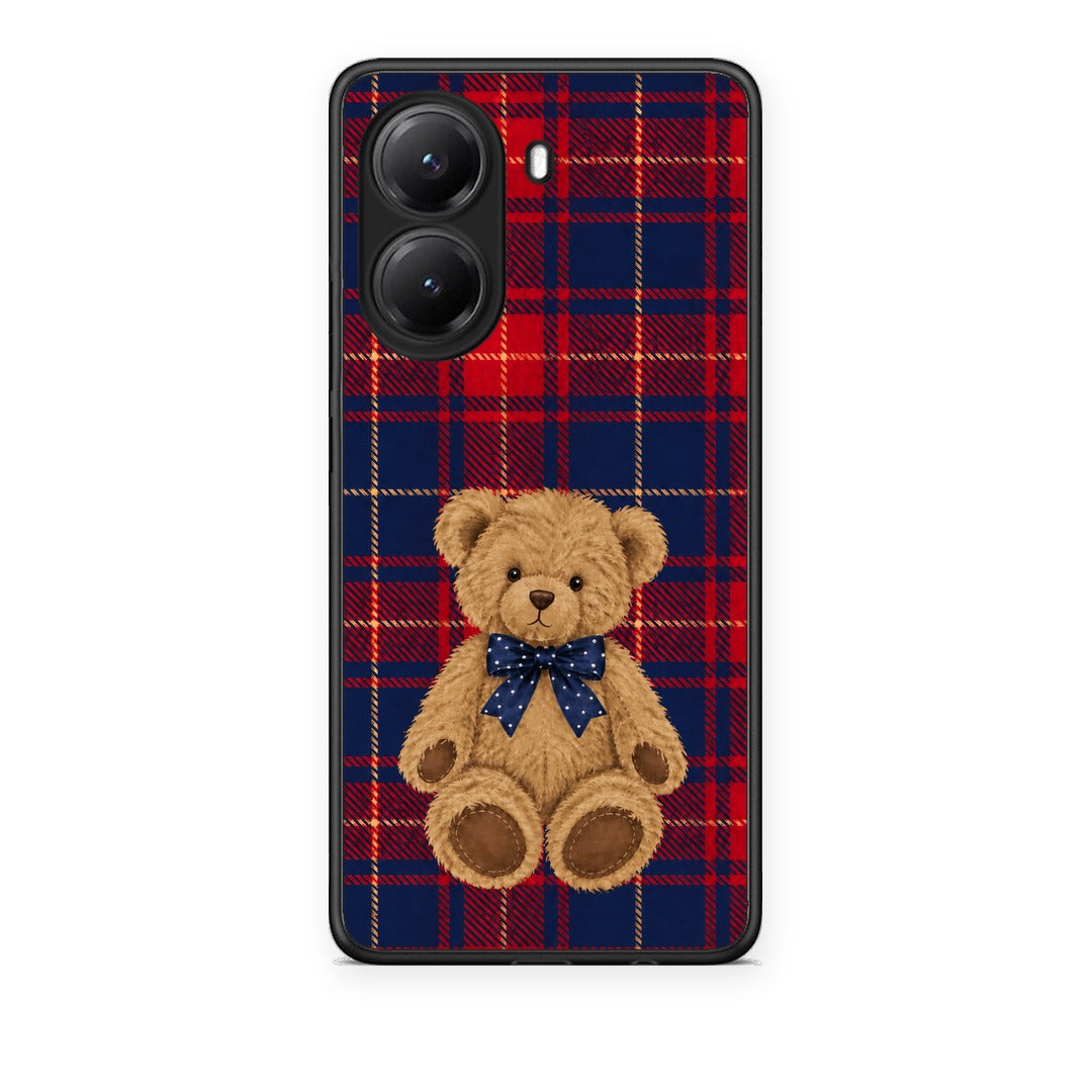 Θήκη Xiaomi Poco X7 Pro Teddy Bear on Red and Navy Tartan από τη Smartfits με σχέδιο στο πίσω μέρος και μαύρο περίβλημα | Xiaomi Poco X7 Pro Teddy Bear on Red and Navy Tartan case with colorful back and black bezels