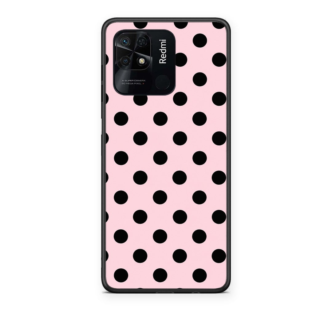 Θήκη Xiaomi Redmi 10C Black Polka Dots on Pink από τη Smartfits με σχέδιο στο πίσω μέρος και μαύρο περίβλημα | Xiaomi Redmi 10C Black Polka Dots on Pink case with colorful back and black bezels