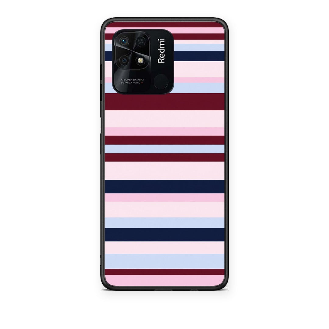 Θήκη Xiaomi Redmi 10C Burgundy Pink and Blue Horizontal Stripes από τη Smartfits με σχέδιο στο πίσω μέρος και μαύρο περίβλημα | Xiaomi Redmi 10C Burgundy Pink and Blue Horizontal Stripes case with colorful back and black bezels