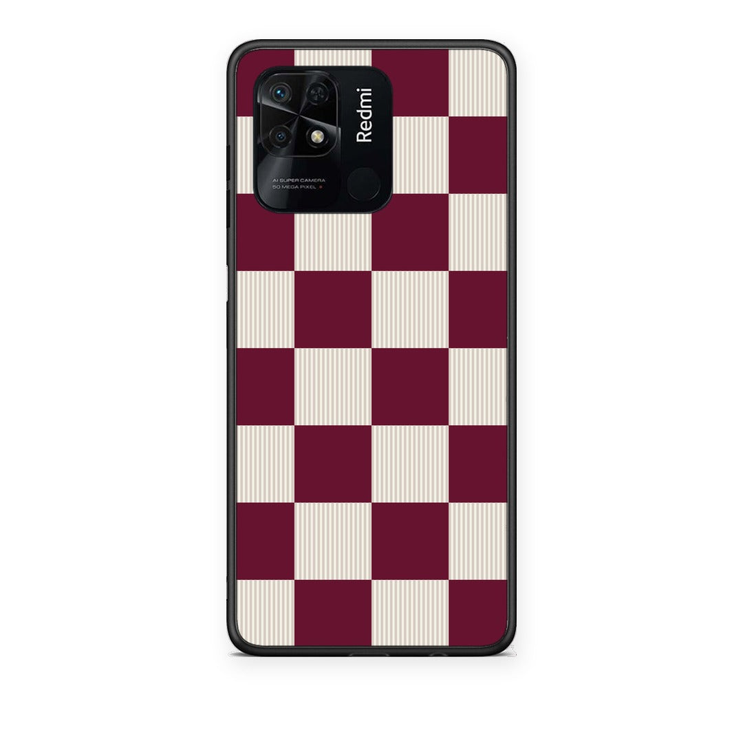 Θήκη Xiaomi Redmi 10C Burgundy and Cream Striped Checks από τη Smartfits με σχέδιο στο πίσω μέρος και μαύρο περίβλημα | Xiaomi Redmi 10C Burgundy and Cream Striped Checks case with colorful back and black bezels