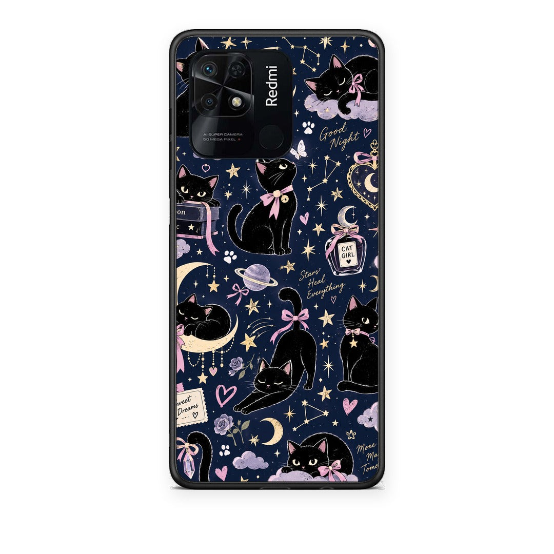 Θήκη Xiaomi Redmi 10C Celestial Black Cats on Navy από τη Smartfits με σχέδιο στο πίσω μέρος και μαύρο περίβλημα | Xiaomi Redmi 10C Celestial Black Cats on Navy case with colorful back and black bezels