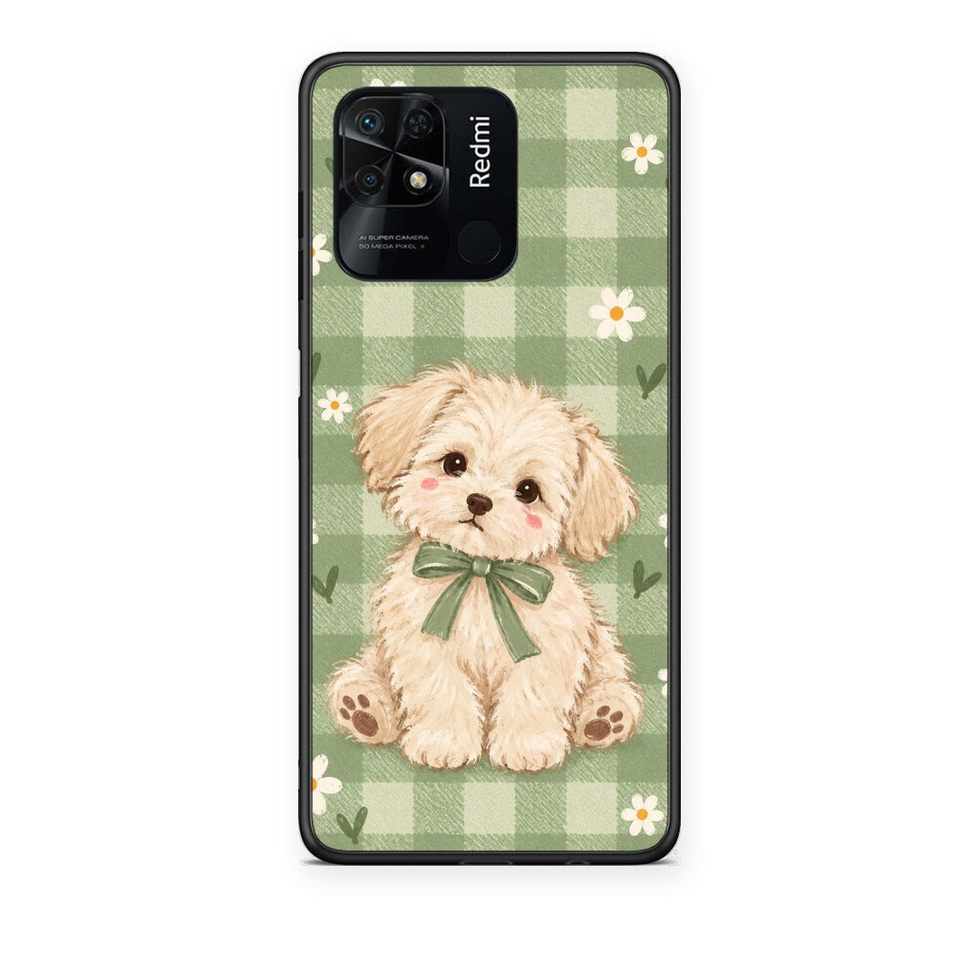 Θήκη Xiaomi Redmi 10C Puppy and Daisies on Sage Gingham από τη Smartfits με σχέδιο στο πίσω μέρος και μαύρο περίβλημα | Xiaomi Redmi 10C Puppy and Daisies on Sage Gingham case with colorful back and black bezels