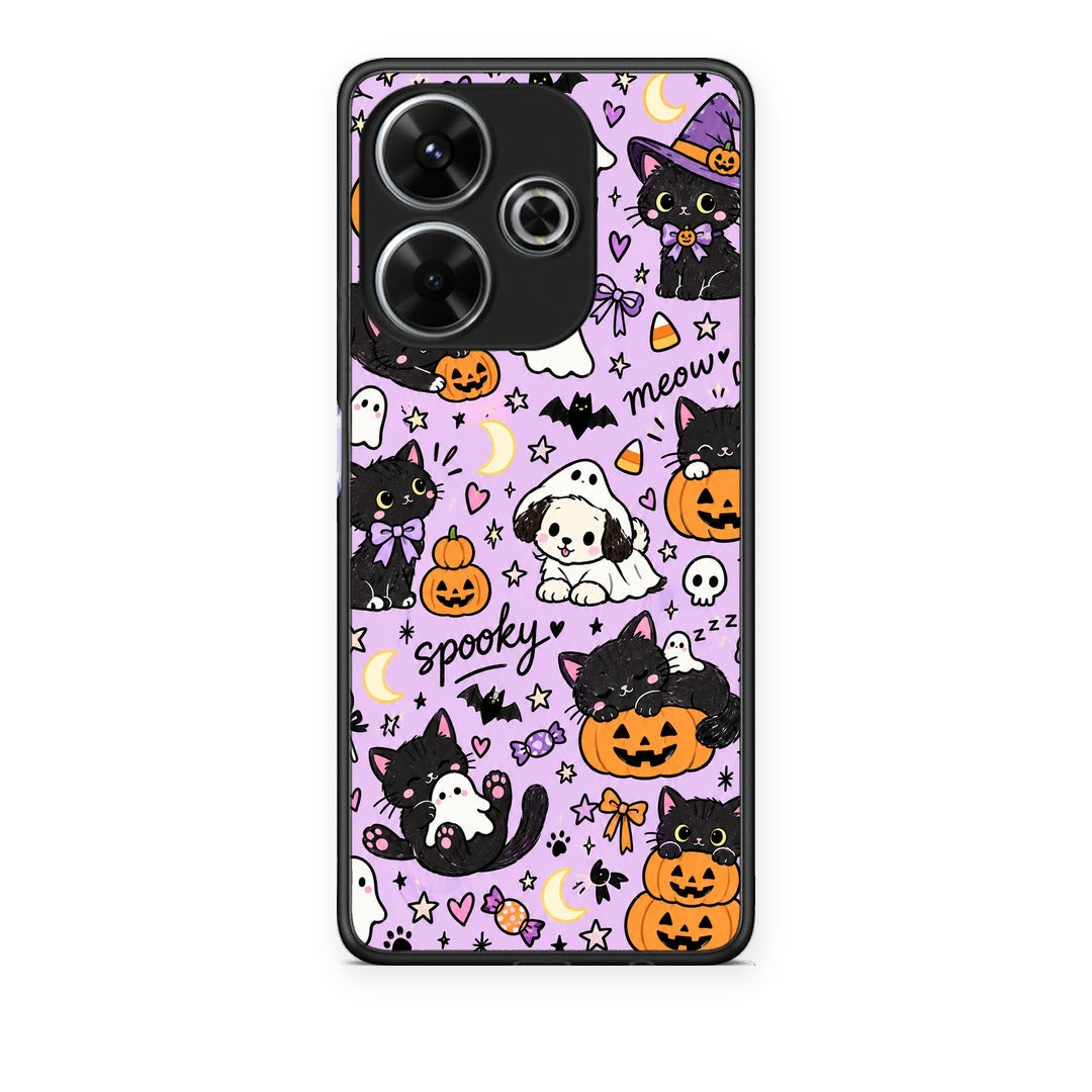 Θήκη Xiaomi Redmi 13 Halloween Black Cats on Lilac από τη Smartfits με σχέδιο στο πίσω μέρος και μαύρο περίβλημα | Xiaomi Redmi 13 Halloween Black Cats on Lilac case with colorful back and black bezels