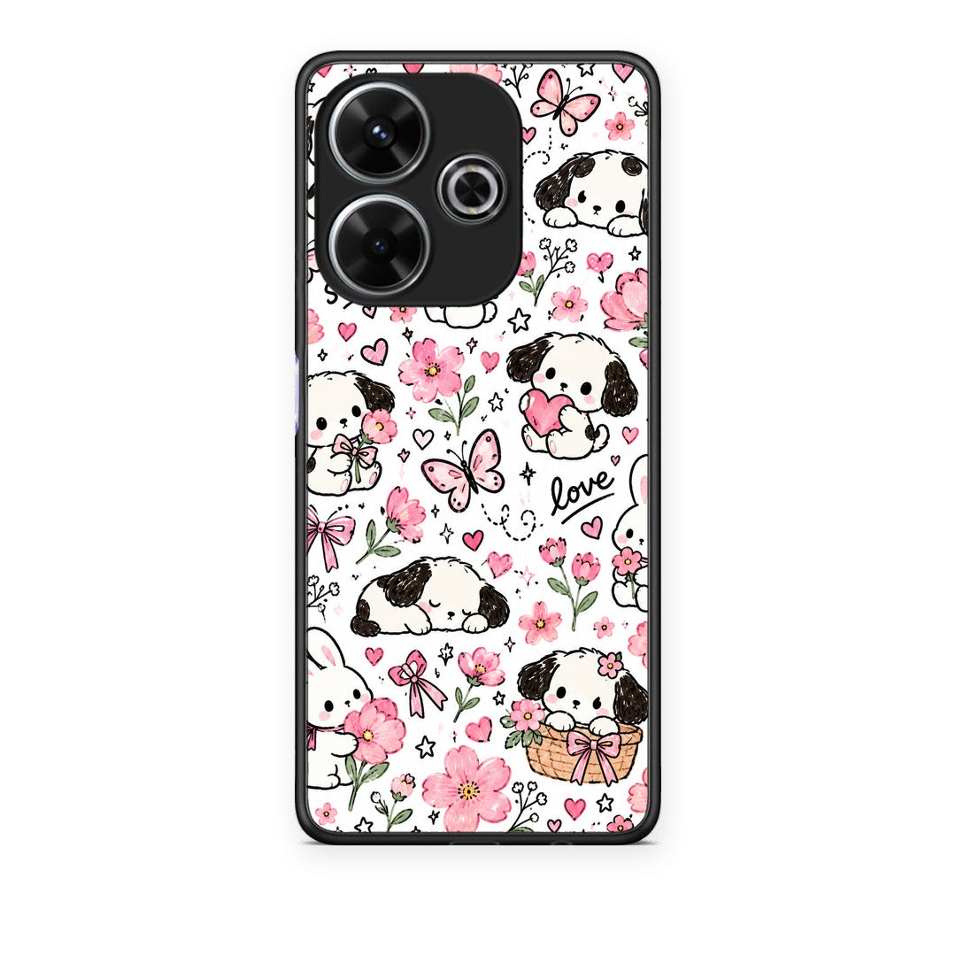 Θήκη Xiaomi Redmi 13 Pink Florals Puppies and Bunnies on White από τη Smartfits με σχέδιο στο πίσω μέρος και μαύρο περίβλημα | Xiaomi Redmi 13 Pink Florals Puppies and Bunnies on White case with colorful back and black bezels