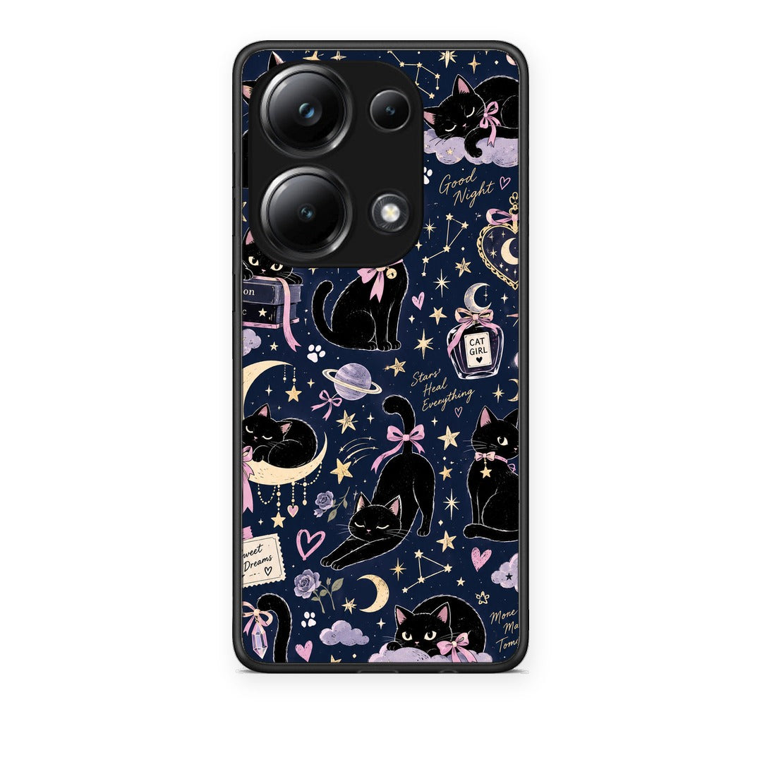 Θήκη Xiaomi Redmi Note 13 Pro 4G Celestial Black Cats on Navy από τη Smartfits με σχέδιο στο πίσω μέρος και μαύρο περίβλημα | Xiaomi Redmi Note 13 Pro 4G Celestial Black Cats on Navy case with colorful back and black bezels