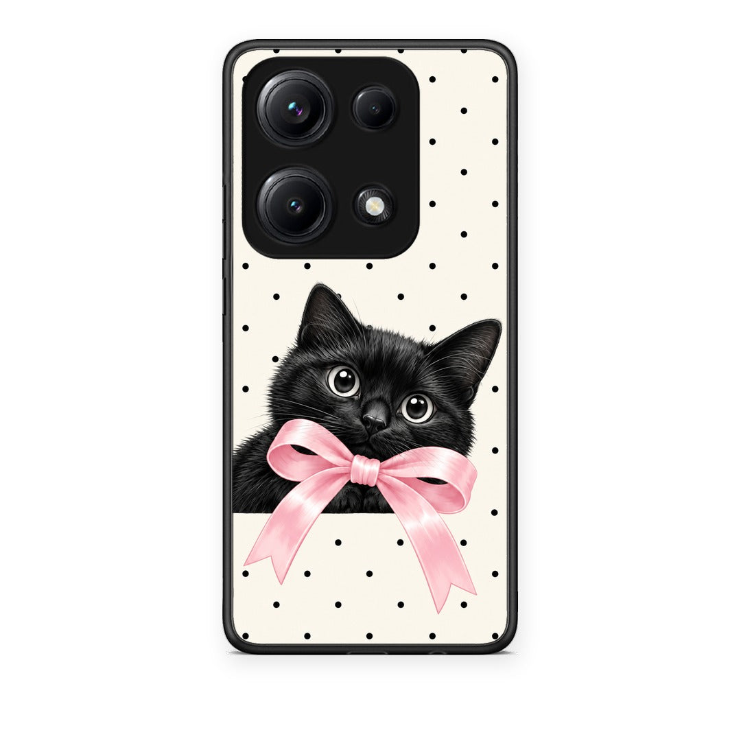 Θήκη Xiaomi Redmi Note 14S Black Kitten Pink Bow and Polka Dots από τη Smartfits με σχέδιο στο πίσω μέρος και μαύρο περίβλημα | Xiaomi Redmi Note 14S Black Kitten Pink Bow and Polka Dots case with colorful back and black bezels