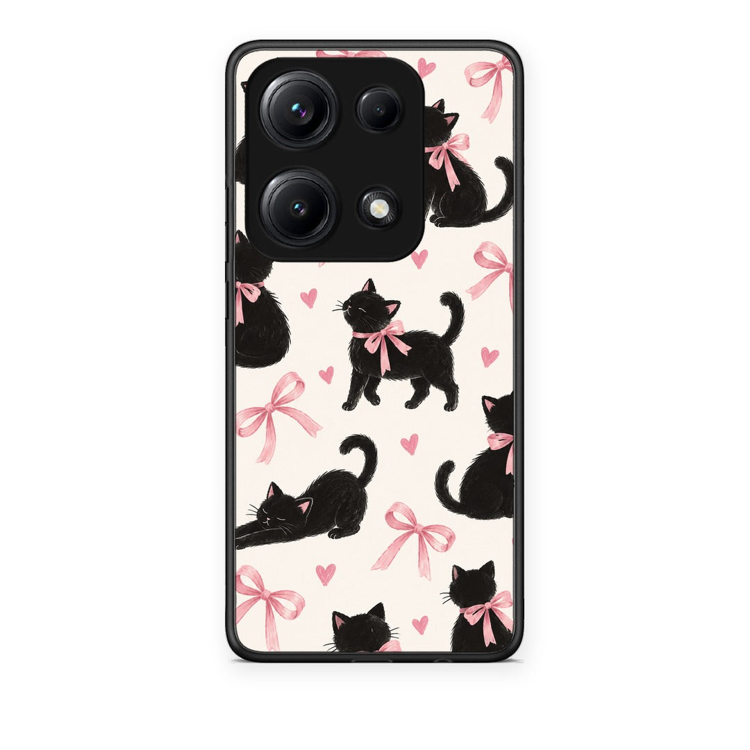Θήκη Xiaomi Redmi Note 14S Black Kittens and Pink Bows on Cream Large από τη Smartfits με σχέδιο στο πίσω μέρος και μαύρο περίβλημα | Xiaomi Redmi Note 14S Black Kittens and Pink Bows on Cream Large case with colorful back and black bezels