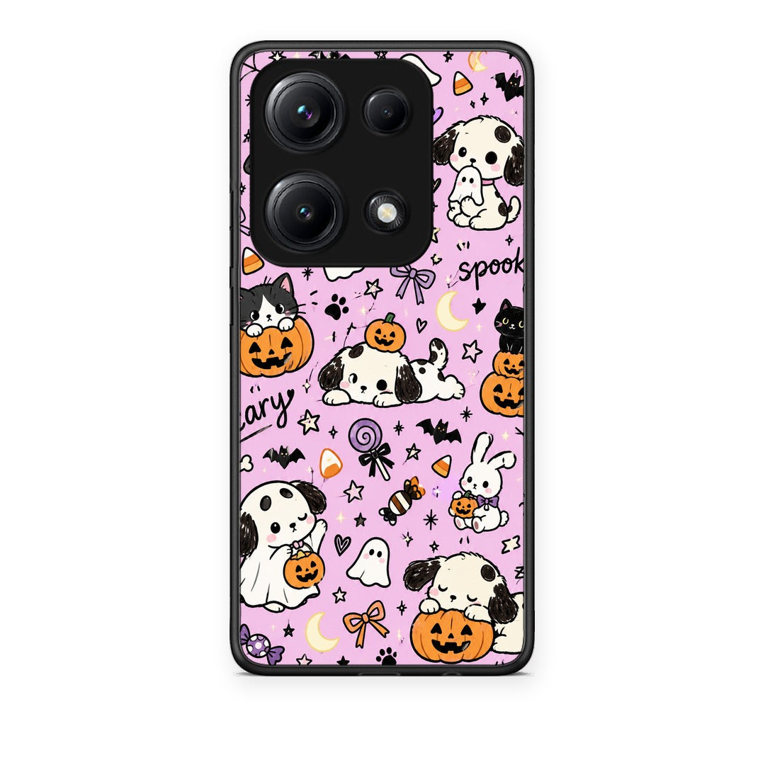 Θήκη Xiaomi Redmi Note 14S Halloween Puppies and Friends on Lilac από τη Smartfits με σχέδιο στο πίσω μέρος και μαύρο περίβλημα | Xiaomi Redmi Note 14S Halloween Puppies and Friends on Lilac case with colorful back and black bezels