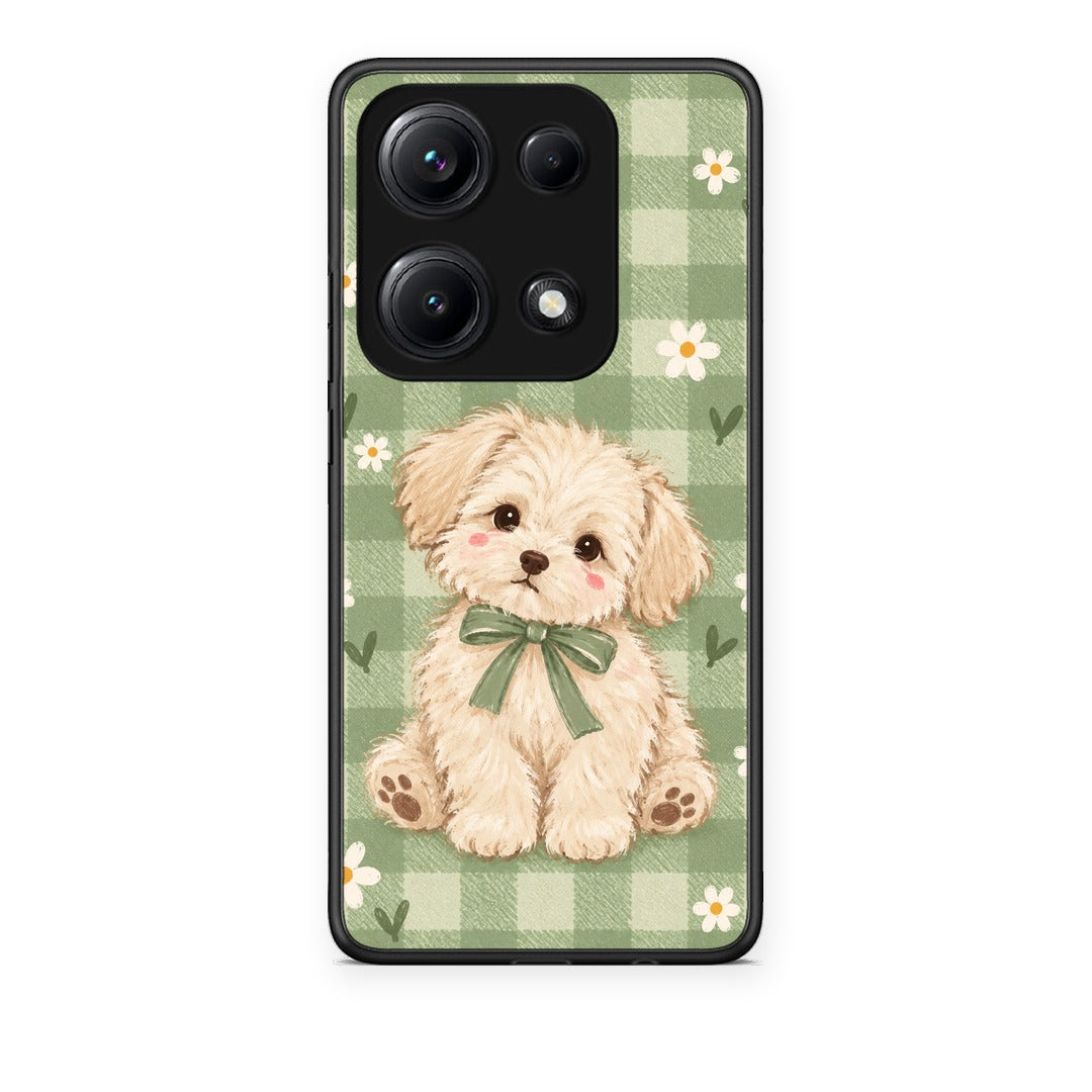 Θήκη Xiaomi Redmi Note 14S Puppy and Daisies on Sage Gingham από τη Smartfits με σχέδιο στο πίσω μέρος και μαύρο περίβλημα | Xiaomi Redmi Note 14S Puppy and Daisies on Sage Gingham case with colorful back and black bezels