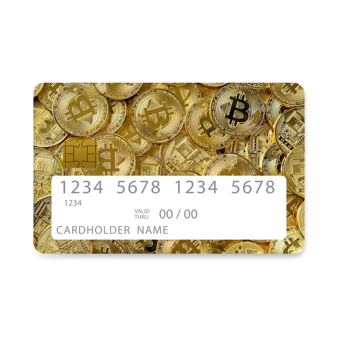 Επικάλυψη Τραπεζικής Κάρτας σε σχέδιο Bit Coins σε λευκό φόντο