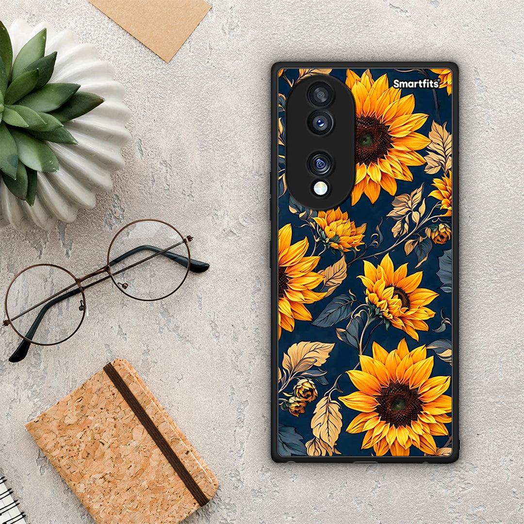 Θήκη Honor 70 5G Autumn Sunflowers από τη Smartfits με σχέδιο στο πίσω μέρος και μαύρο περίβλημα | Honor 70 5G Autumn Sunflowers Case with Colorful Back and Black Bezels