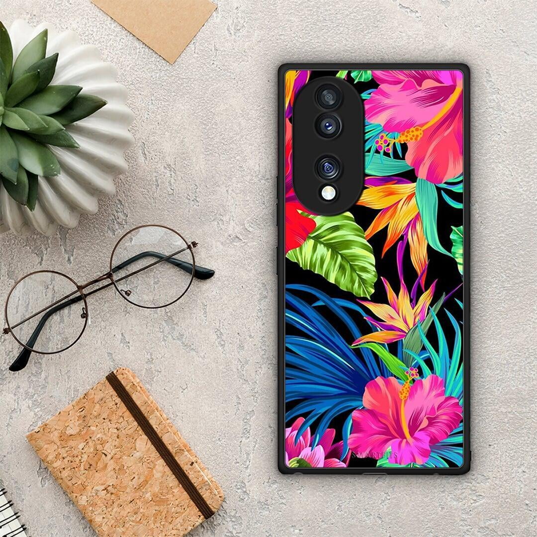 Θήκη Honor 70 5G Tropical Flowers από τη Smartfits με σχέδιο στο πίσω μέρος και μαύρο περίβλημα | Honor 70 5G Tropical Flowers Case with Colorful Back and Black Bezels