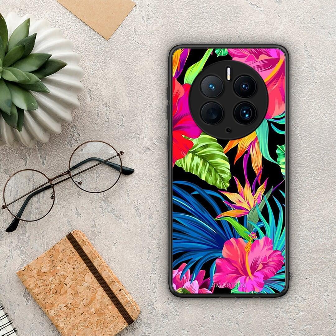 Θήκη Huawei Mate 50 Pro Tropical Flowers από τη Smartfits με σχέδιο στο πίσω μέρος και μαύρο περίβλημα | Huawei Mate 50 Pro Tropical Flowers Case with Colorful Back and Black Bezels