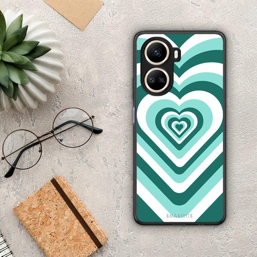 Θήκη Huawei Nova 10 SE Green Hearts από τη Smartfits με σχέδιο στο πίσω μέρος και μαύρο περίβλημα | Huawei Nova 10 SE Green Hearts Case with Colorful Back and Black Bezels