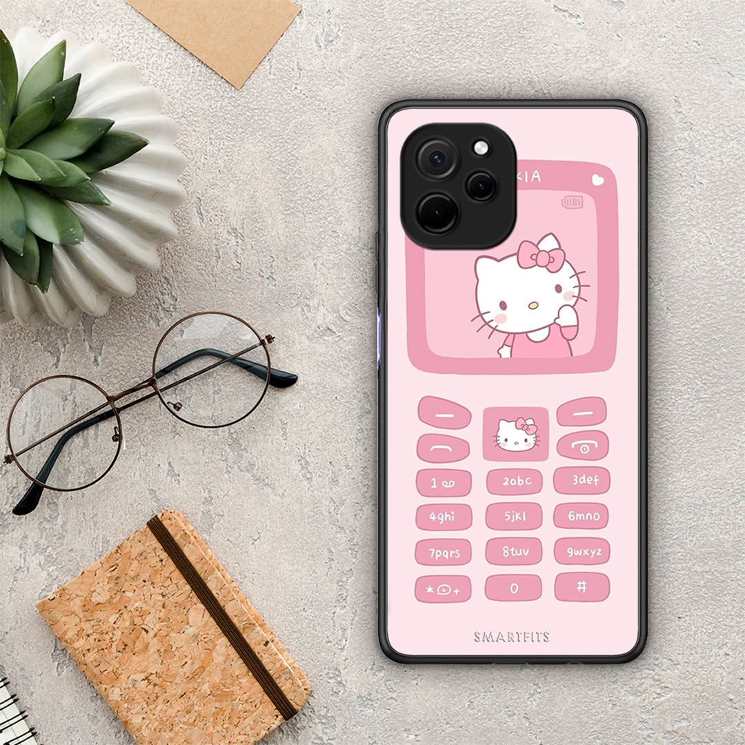 Θήκη Huawei Nova Y61 Hello Kitten από τη Smartfits με σχέδιο στο πίσω μέρος και μαύρο περίβλημα | Huawei Nova Y61 Hello Kitten Case with Colorful Back and Black Bezels