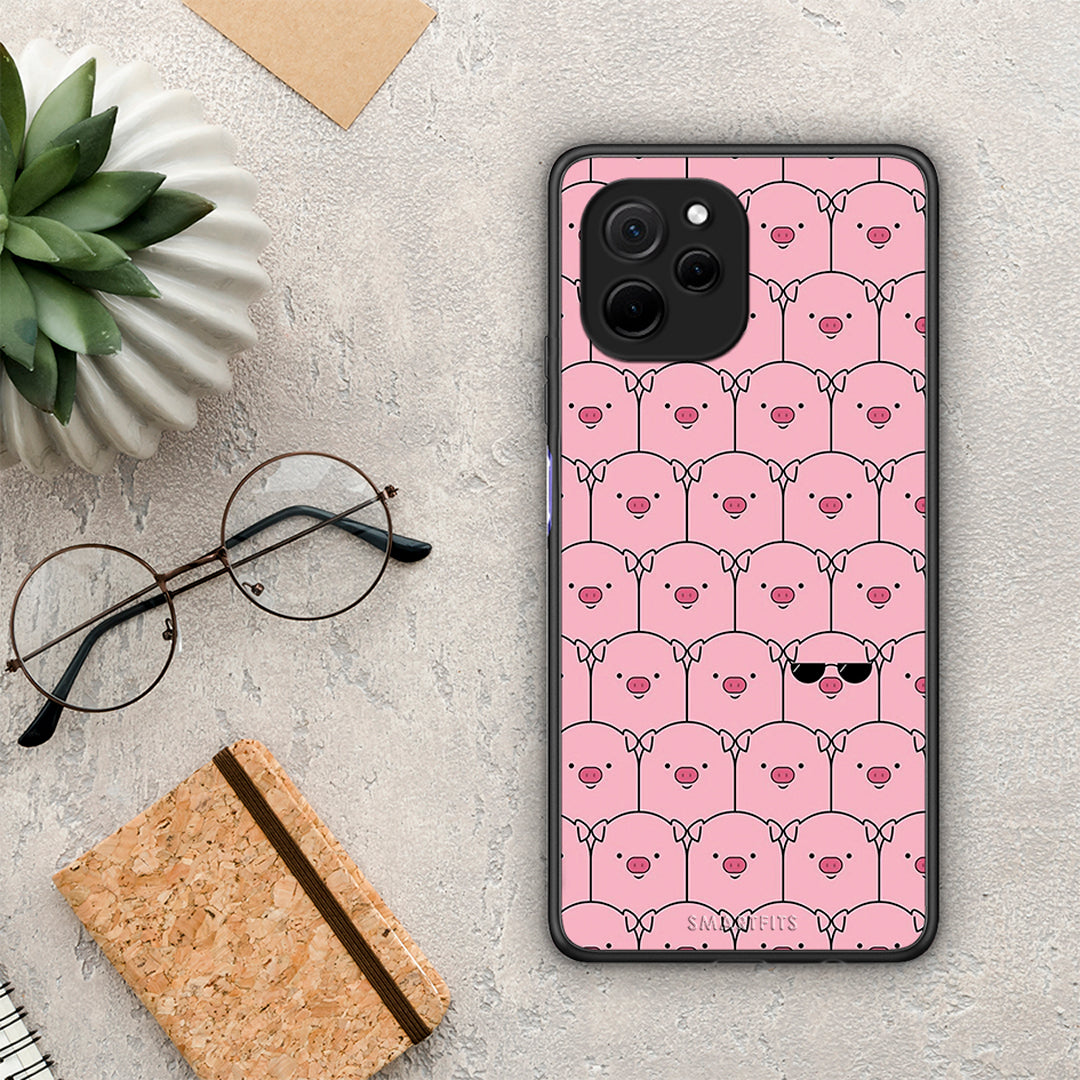 Θήκη Huawei Nova Y61 Pig Glasses από τη Smartfits με σχέδιο στο πίσω μέρος και μαύρο περίβλημα | Huawei Nova Y61 Pig Glasses Case with Colorful Back and Black Bezels