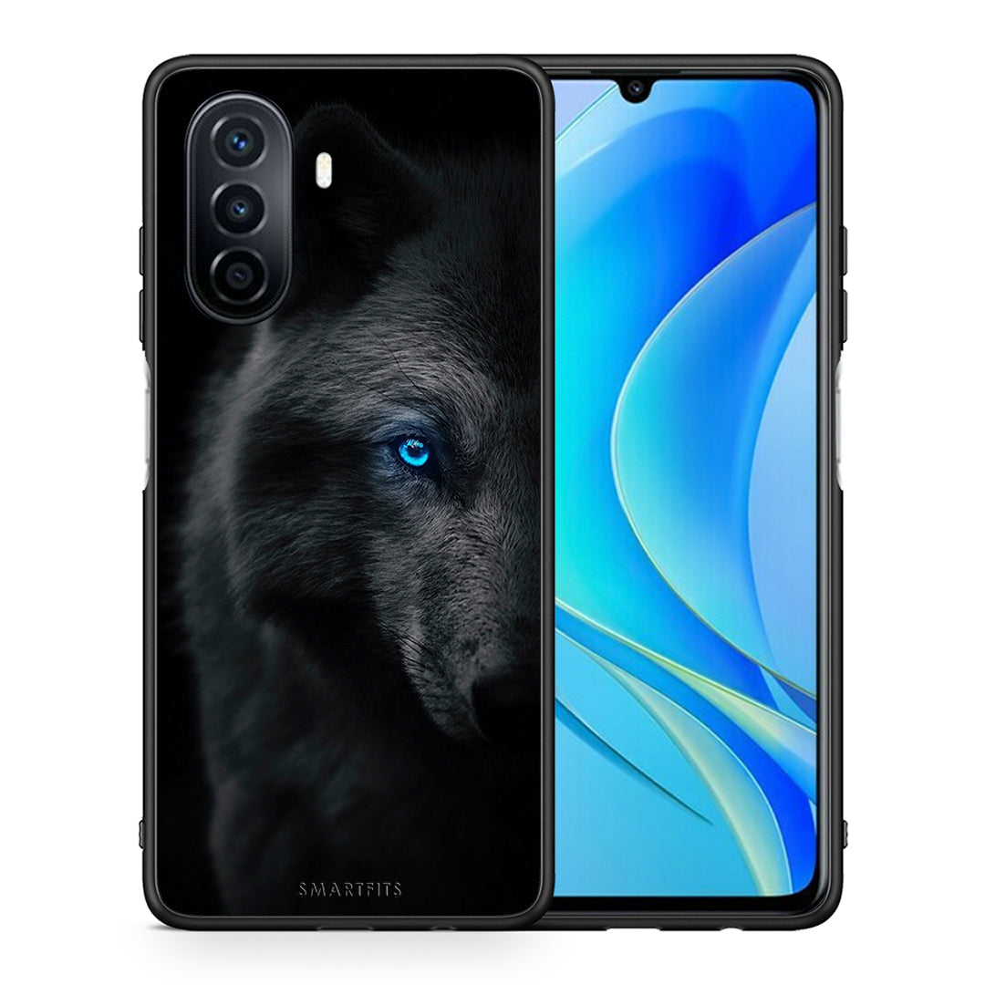 Θήκη Huawei Nova Y70 Dark Wolf από τη Smartfits με σχέδιο στο πίσω μέρος και μαύρο περίβλημα | Huawei Nova Y70 Dark Wolf case with colorful back and black bezels