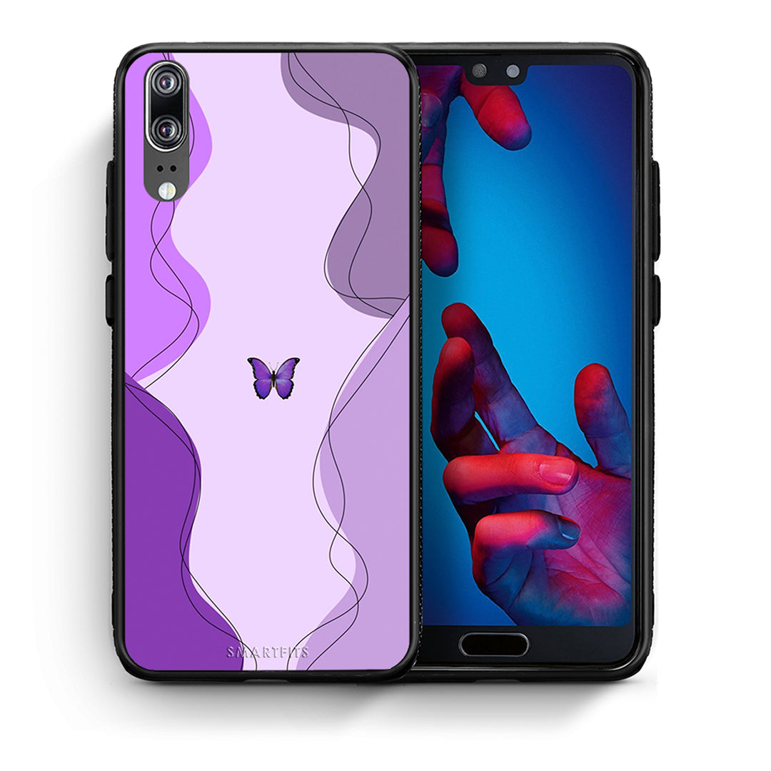 Θήκη Αγίου Βαλεντίνου Huawei P20 Purple Mariposa από τη Smartfits με σχέδιο στο πίσω μέρος και μαύρο περίβλημα | Huawei P20 Purple Mariposa case with colorful back and black bezels