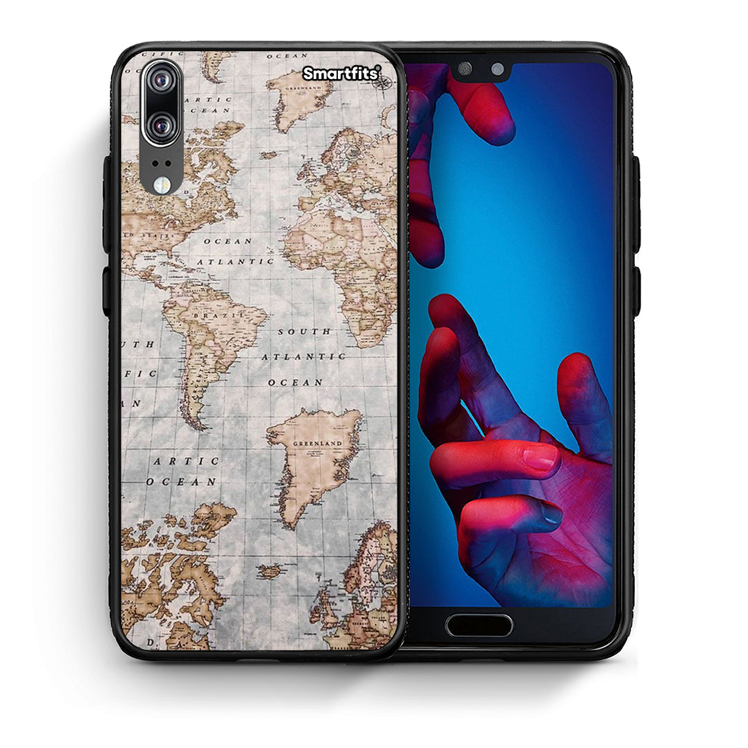 Θήκη Huawei P20 World Map από τη Smartfits με σχέδιο στο πίσω μέρος και μαύρο περίβλημα | Huawei P20 World Map case with colorful back and black bezels
