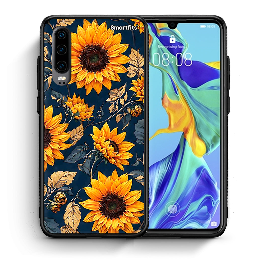 Θήκη Huawei P30 Autumn Sunflowers από τη Smartfits με σχέδιο στο πίσω μέρος και μαύρο περίβλημα | Huawei P30 Autumn Sunflowers case with colorful back and black bezels