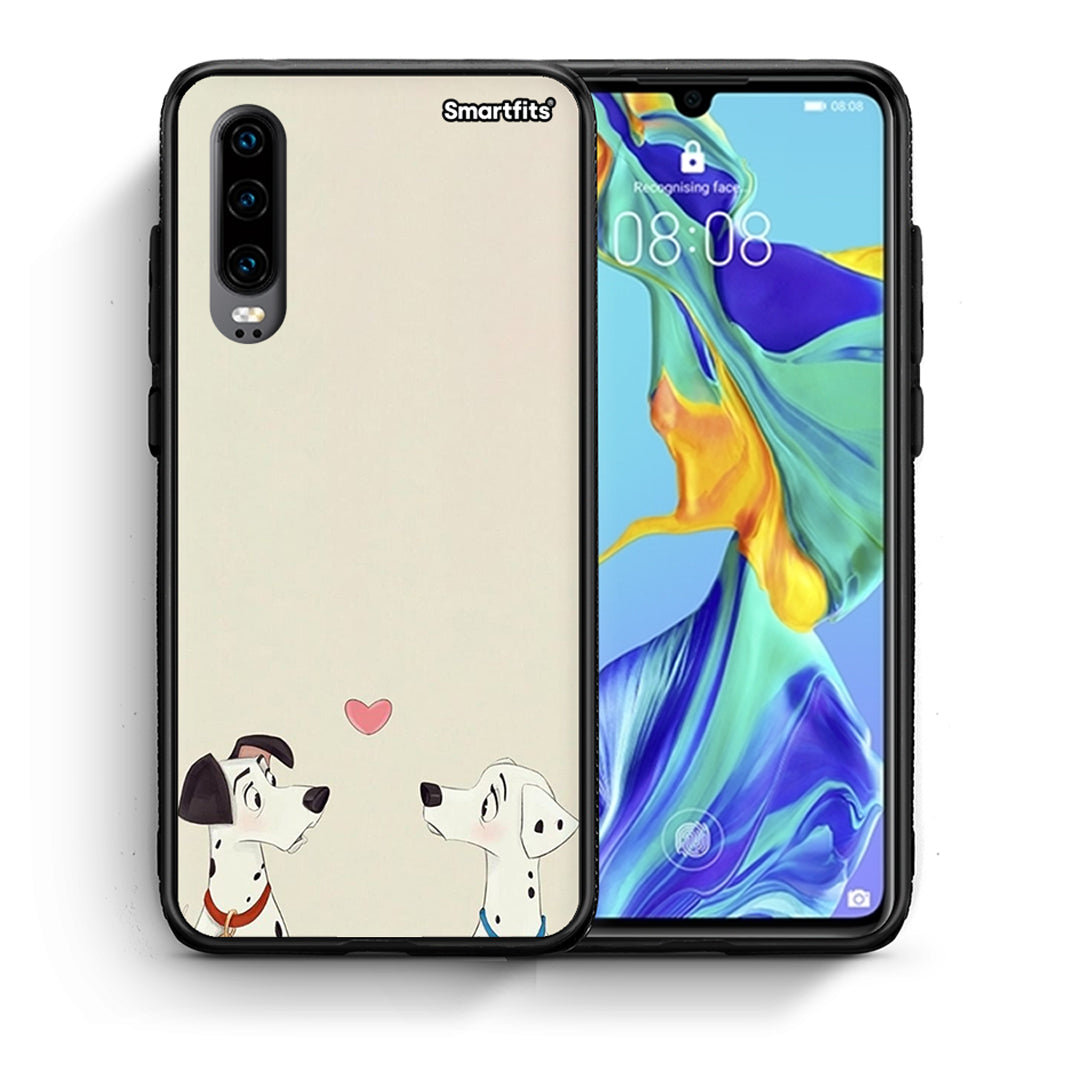 Θήκη Huawei P30 Dalmatians Love από τη Smartfits με σχέδιο στο πίσω μέρος και μαύρο περίβλημα | Huawei P30 Dalmatians Love case with colorful back and black bezels
