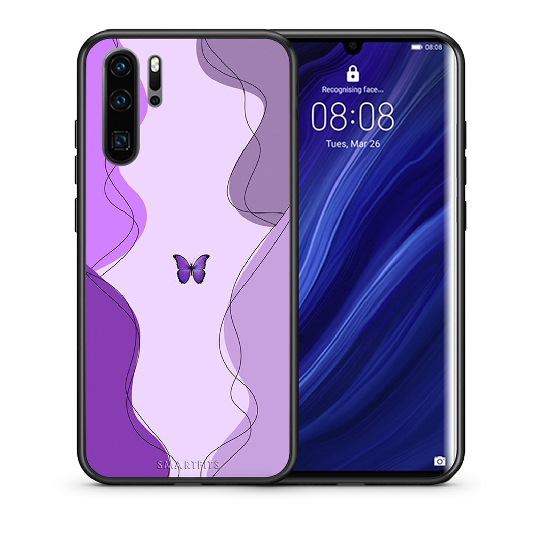 Θήκη Αγίου Βαλεντίνου Huawei P30 Pro Purple Mariposa από τη Smartfits με σχέδιο στο πίσω μέρος και μαύρο περίβλημα | Huawei P30 Pro Purple Mariposa case with colorful back and black bezels