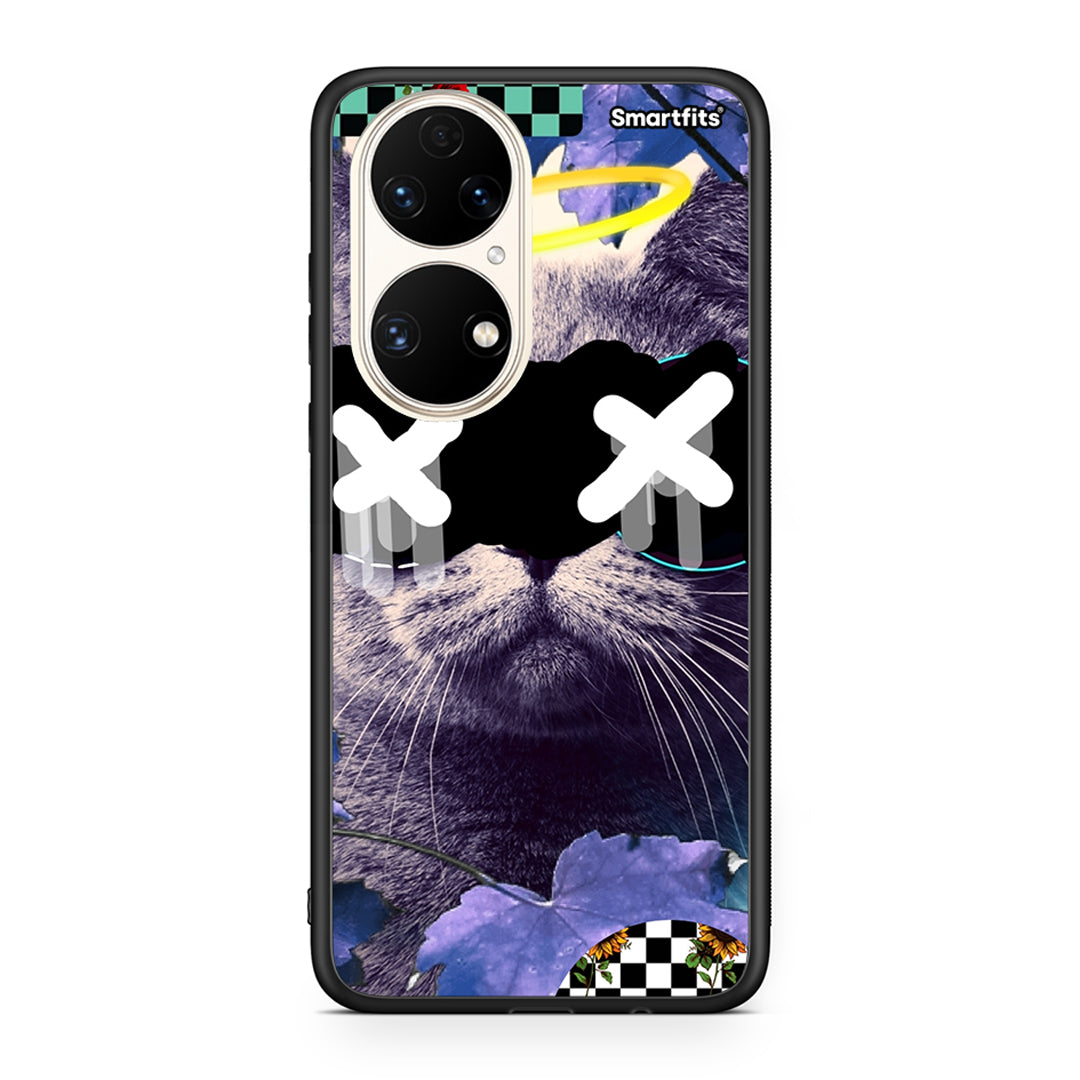 Huawei P50 Cat Collage θήκη από τη Smartfits με σχέδιο στο πίσω μέρος και μαύρο περίβλημα | Smartphone case with colorful back and black bezels by Smartfits