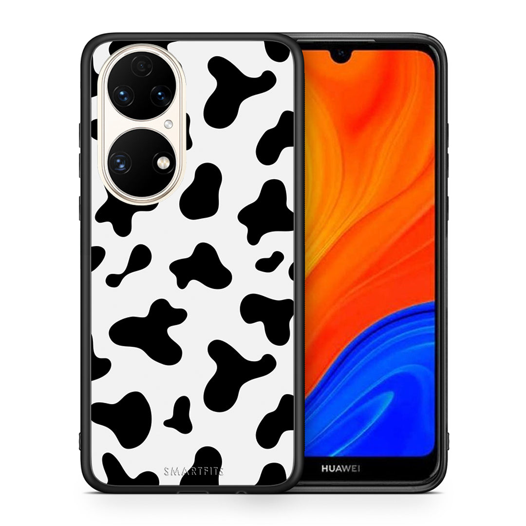Θήκη Huawei P50 Cow Print από τη Smartfits με σχέδιο στο πίσω μέρος και μαύρο περίβλημα | Huawei P50 Cow Print case with colorful back and black bezels