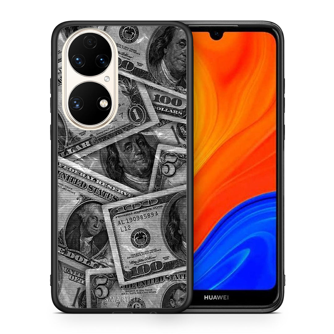 Θήκη Huawei P50 Money Dollars από τη Smartfits με σχέδιο στο πίσω μέρος και μαύρο περίβλημα | Huawei P50 Money Dollars case with colorful back and black bezels