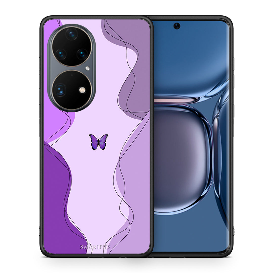 Θήκη Αγίου Βαλεντίνου Huawei P50 Pro Purple Mariposa από τη Smartfits με σχέδιο στο πίσω μέρος και μαύρο περίβλημα | Huawei P50 Pro Purple Mariposa case with colorful back and black bezels