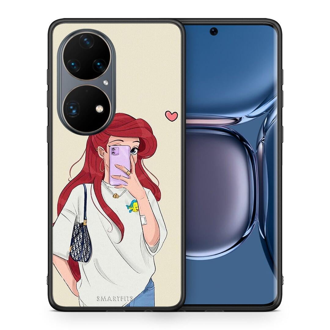 Θήκη Huawei P50 Pro Walking Mermaid από τη Smartfits με σχέδιο στο πίσω μέρος και μαύρο περίβλημα | Huawei P50 Pro Walking Mermaid case with colorful back and black bezels