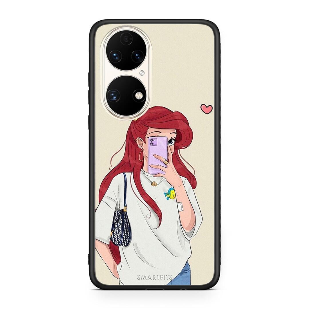 Huawei P50 Walking Mermaid Θήκη από τη Smartfits με σχέδιο στο πίσω μέρος και μαύρο περίβλημα | Smartphone case with colorful back and black bezels by Smartfits